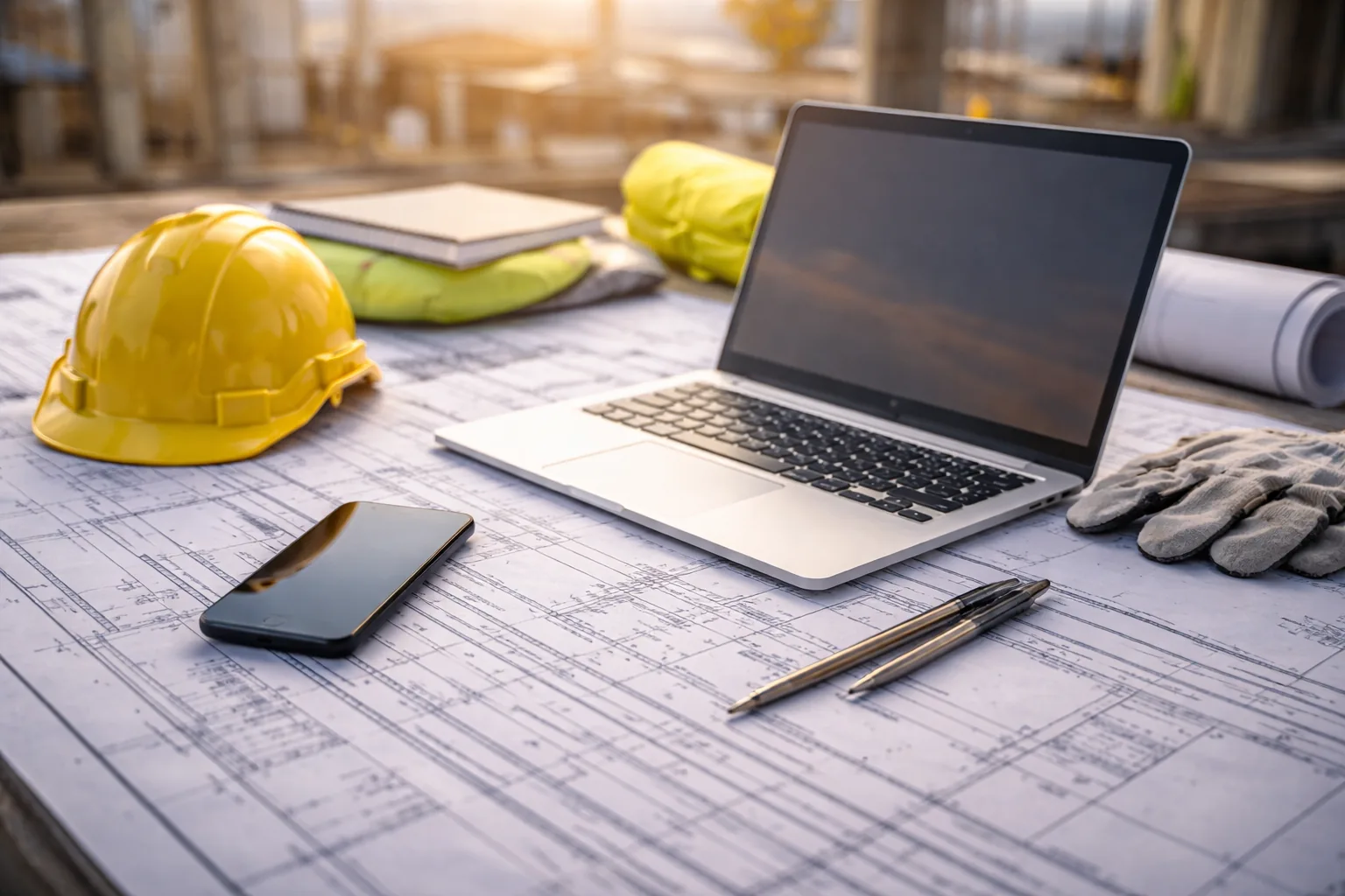 Fotografía de mesa de trabajo en obra y contacto