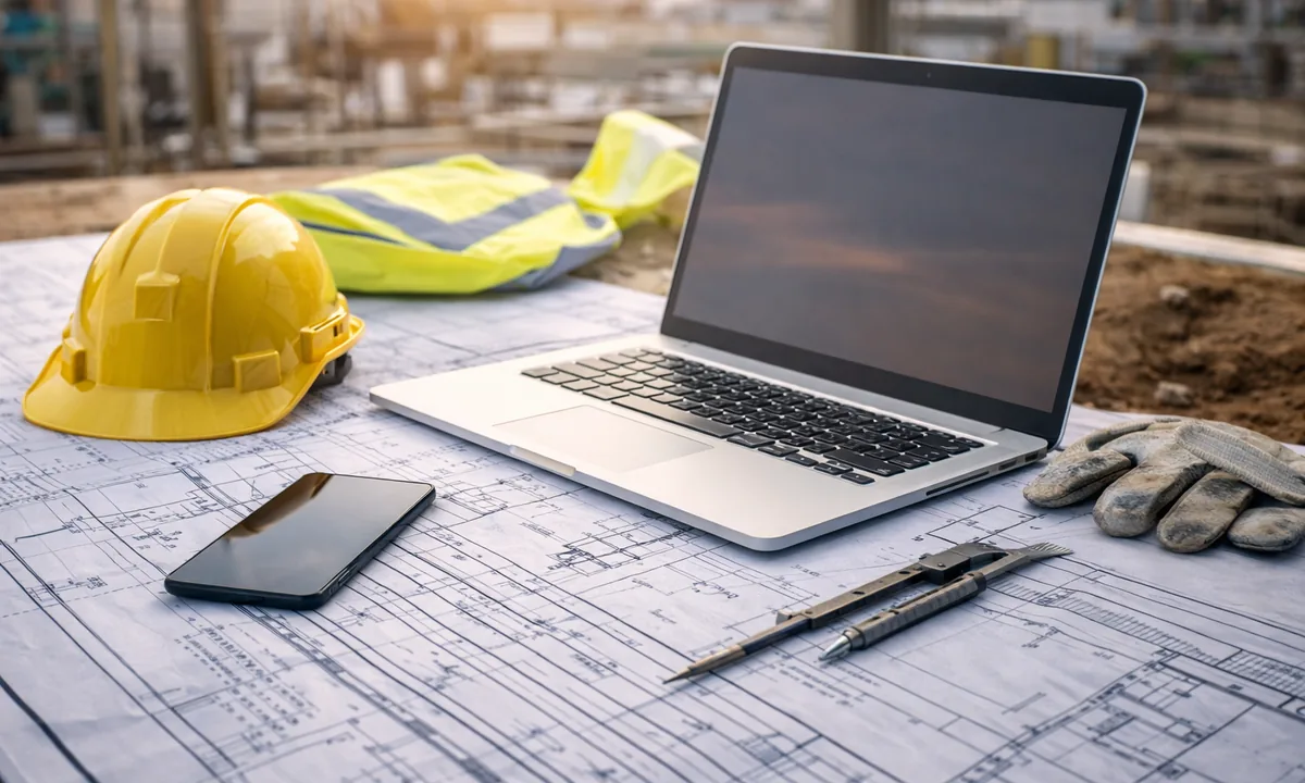 Mesa de trabajo con planos y equipo de ingeniería